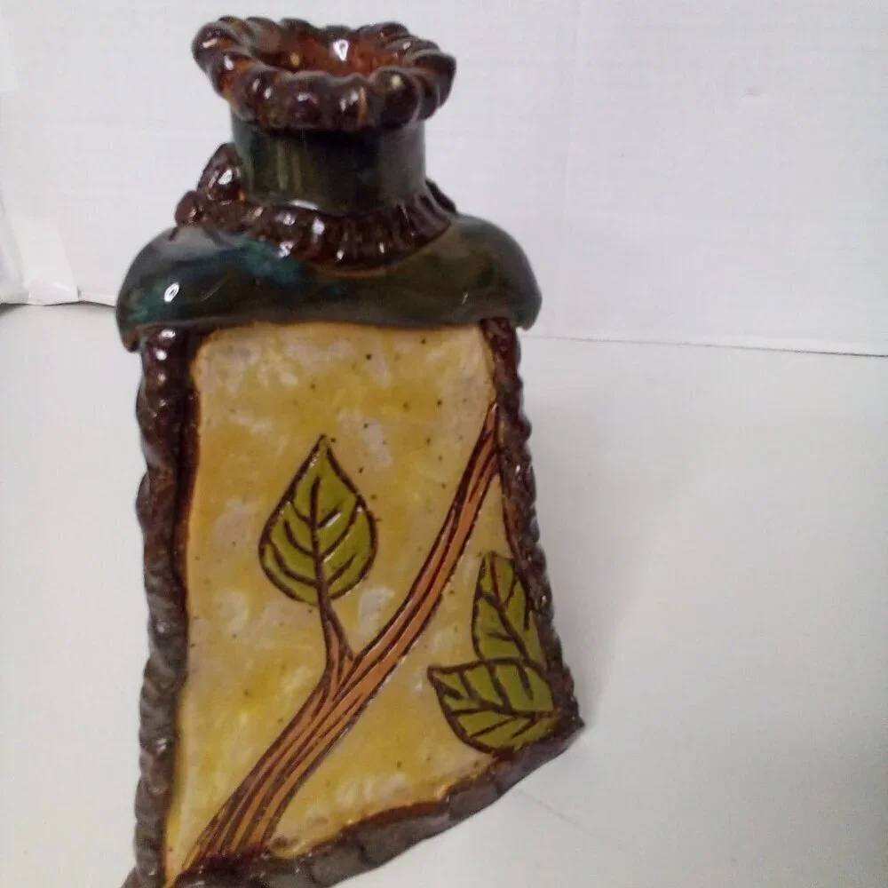 Handmade Vase Pyramid 3 Sides Terra Cotta Clay Unique Tree Leaves 7